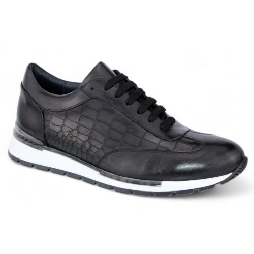 Duca Di Matiste "Varsi" Black Genuine Italian Calf Leather Crocodile Print Sneakers.